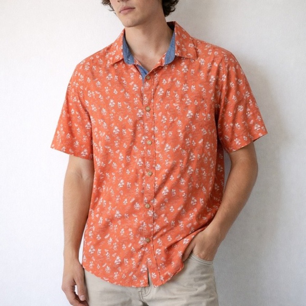 Disney Parks Mickey Mouse Orange Coral Tropical Button Down‎ Shirt Men's Small